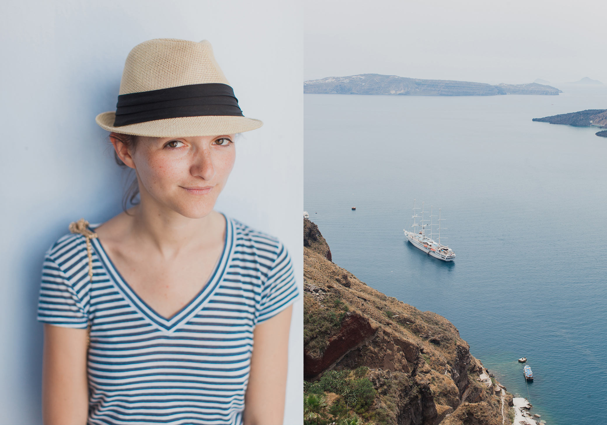tiny atlas quarterly fiona conrad santorini girl hat blue stripe shirt ship sea cliffs